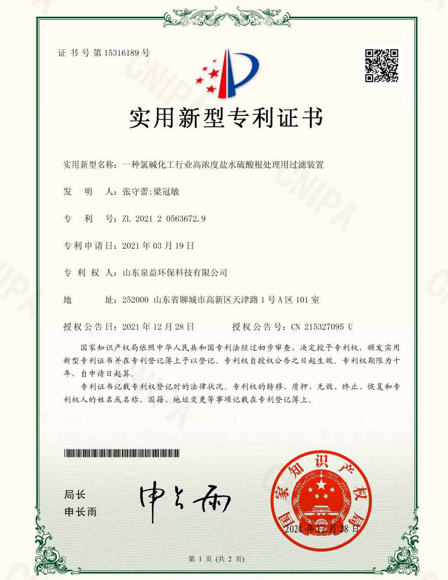 专利-氯碱化工行业高浓度盐水硫酸根处理用过滤装置
